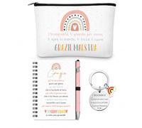 Hestya Set Cadeaux de Remerciement pour les Enseignants Carnet de Poche avec Stylo à Bille et Porte-Clés Trousse de Maquillage avec Messages Grazie Maestra Carnets Cadeaux de Fin d'Études