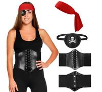 Hestya Set d'Accessoires de Costume de Pirate pour Femme avec Bandeau de Pirate Rouge Cache-Œil de Pirate Noir Ceinture Corset de Pirate Accessoires de Fête Pirate pour Carnaval Cosplay Halloween