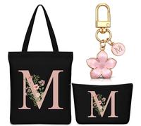 Hestya Set de 3 Cadeaux pour Femme 1 Sac Fourre-Tout en Toile Personnalisé avec Initiale 1 Trousse de Maquillage avec Nom 1 Porte-Clés avec Lettre pour Amis Collègues Anniversaire Mariage (Noir, M)