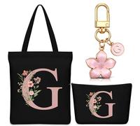 Hestya Set de 3 Cadeaux pour Femme Noël 1 Sac Fourre-Tout en Toile Personnalisé avec Initiale 1 Trousse de Maquillage avec Nom 1 Porte-Clés avec Lettre pour Amis Collègues Anniversaire Mariage(G)