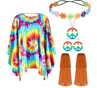 Hestya Set de 5 Pcs Costumes des Années 60 et 70 pour Mardi Gras Poncho Tie-Dye Bandeau Fleuri Boucle d'Oreille Collier Signe de Paix Couvre-Bottes Accessoires de Déguisement Hippie pour Femme (M)