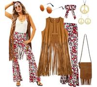Hestya Set de Costume Hippie Gilet à Franges Pantalon Évasé Sac à Franges Bandeau Boucles d'Oreilles Collier Signe de Paix Lunettes de Soleil Déguisement des Années 60 et 70 pour Femme Halloween (XL)