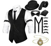 Hestya Tenue des Années 20 pour Homme avec Gilet Chapeau Fédora Bretelles Nœud Papillon Montre de Poche Vintage (Noir, L)