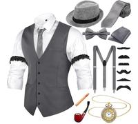 Hestya Tenue des Années 20 pour Homme avec Gilet Chapeau Fédora Bretelles Nœud Papillon Montre de Poche Vintage (Gris, M)