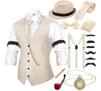 Hestya Tenue des Années 20 pour Homme avec Gilet Chapeau Fédora Bretelles Nœud Papillon Montre de Poche Vintage (Beige, XL)