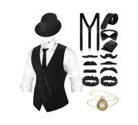 Hestya Tenue des Années 20 pour Homme avec Gilet Chapeau Fédora Bretelles Nœud Papillon Montre de Poche (Rayure Noire Blanche, S)