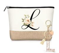Hestya Trousse de Maquillage Personnalisée avec Initiale Trousse de Voyage Cosmétiques en Jute avec Porte Clés pour Femmes Mariage Anniversaire Plage Sœur Maman Enseignantes Infirmières(L)