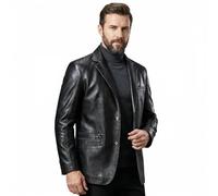 HESYSUAN Blazer en cuir souple à revers pour homme - Coupe droite - 2 boutons avec poches, Noir , 6XL