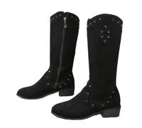 HESYSUAN Bottes de cowboy larges pour femme, bottes d'équitation rétro en forme de V cloutées à bout pointu, fermeture éclair latérale, talons bas, bottes mi-mollet, Noir , 38.5 EU