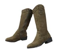 HESYSUAN Bottes de cowboy larges pour femme, bottes d'équitation rétro en forme de V cloutées à bout pointu, fermeture éclair latérale, talons bas, bottes mi-mollet, Vert, 40 EU