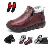 HESYSUAN Bottes de neige chaudes et épaisses en polaire pour femme, imperméables, antidérapantes, doublées de fourrure, chaussures en cuir de coton avec fermeture éclair, Rouge, 10 UK Wide