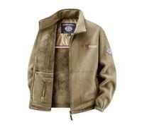 HESYSUAN Manteau en molleton brodé à zip pour homme avec doublure thermique en graphite, cardigan à capuche à double face avec capuche en molleton, manteau anti-vent en sherpa, kaki, L