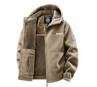 HESYSUAN Veste polaire brodée zippée pour homme avec doublure thermique en graphite - Veste cardigan à capuche en polaire double face coupe-vent Sherpa, Kaki-Hooded, XXL