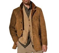 HESYSUAN Vestes vintage en daim pour hommes, blazer double couche à revers en fourrure, col en cuir, longueur moyenne, blazer d'extérieur pour l'automne et l'hiver, marron, L