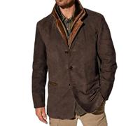 HESYSUAN Vestes vintage en daim pour hommes, blazer double couche à revers en fourrure, col en cuir, longueur moyenne, blazer d'extérieur pour l'automne et l'hiver, café, M