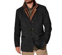 HESYSUAN Vestes vintage en daim pour hommes, blazer double couche à revers en fourrure, col en cuir, longueur moyenne, blazer d'extérieur pour l'automne et l'hiver, Noir , L