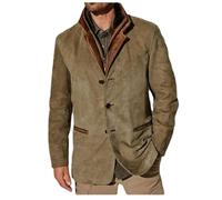 HESYSUAN Vestes vintage en daim pour hommes, blazer double couche à revers en fourrure, col en cuir, longueur moyenne, blazer d'extérieur pour l'automne et l'hiver, kaki, XXXL