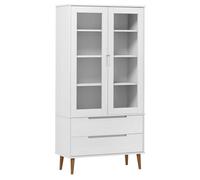 HETFTJN Armoire Vitrine MOLDE Design Scandinave - Bibliothèque en Bois de Pin Massif Blanc - 2 Portes Vitrées et 2 Tiroirs - Meuble de Rangement Salon 90x35x175 cm