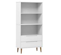 HETFTJN Bibliothèque MOLDE en Bois de Pin Massif avec 2 Tiroirs et 3 Compartiments, Étagère à Livres Design Scandinave pour Salon et Bureau, Finition Vernis UV Blanc, 85x35x170,5 cm