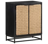 HETFTJN Buffet en Bois de Manguier Massif 60x35x70 cm, Meuble de Rangement Style Industriel avec 2 Portes en Jute Naturel et Piètement en Fer pour Salon et Salle à Manger