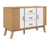 HETFTJN Buffet en Bois de Pin Massif, Commode Scandinave 3 Tiroirs 2 Portes, Meuble de Rangement pour Salon et Salle à Manger, Style Rustique, Blanc et Marron, 114x43x73,5 cm