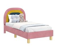 HETFTJN Cadre de Lit Simple en Velours Rose 70 x 140 cm, Lit Une Place Bas Moderne avec Sommier à Lattes et Tête de Lit avec Poches de Rangement Intégrées pour Petite Chambre