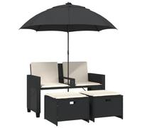 HETFTJN Canapé de jardin 2 places avec parasol et tabouret, noir, 120 x 61 x 80 cm, en polyrotin, résistant aux intempéries, mini salon pour petits balcons, terrasse et jardin