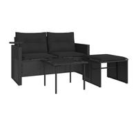 HETFTJN Canapé de jardin 3 pièces, noir, 130 x 55 x 68 cm, avec table, tabouret et coussins résistants aux intempéries, design moderne, robuste et durable, pour balcon, terrasse et petits espaces