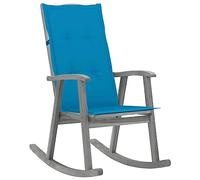 HETFTJN Chaise à Bascule en Bois d'acacia Massif avec Coussin Bleu, Fauteuil à Bascule Vintage pour Salon et Patio, Finition Gris délavé, Dimensions 57 x 100 x 117 cm