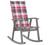 HETFTJN Chaise à Bascule en Bois d'acacia Massif, Fauteuil Relaxant Style Vintage avec Coussins à Carreaux Rouges, Finition Grise délavée, Dimensions 57 x 100 x 117 cm