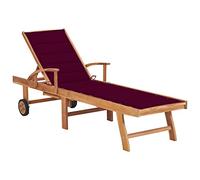 HETFTJN Chaise longue en teck avec coussin, bordeaux, 195 x 59,5 cm, dossier réglable, résistant aux intempéries, facile à plier, avec roulettes, pour jardin, balcon, piscine et terrasse