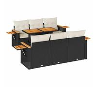 HETFTJN Ensemble canapé de jardin 7 pièces en polyrotin noir avec accoudoirs en bois d'acacia - 100 x 55 cm - Table de jardin modulaire résistante aux intempéries - Pour petits balcons, terrasse