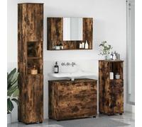 HETFTJN Ensemble de 4 meubles de salle de bain en bois et métal, chêne fumé, 35 x 30 x 192 cm, montage mural, avec lavabo, armoire à miroir, armoire haute pour petites et salles de bains modernes