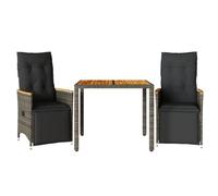 HETFTJN Ensemble de Bistro de Jardin 3 Pièces en Résine Tressée Grise, 2 Fauteuils Inclinables Réglables avec Coussins et 1 Table en Bois d'Acacia Massif pour Balcon et Terrasse