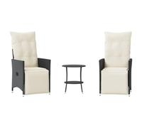 HETFTJN Ensemble de Bistro Jardin 3 Pièces avec 2 Fauteuils Inclinables et 1 Table Basse, Salon de Jardin en Résine Tressée Noire, Coussins Bleu Marine pour Balcon et Terrasse