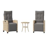 HETFTJN Ensemble de Bistro Jardin 3 Pièces avec 2 Fauteuils Inclinables Réglables, Salon de Balcon en Résine Tressée Beige, Table Basse Ronde et Coussins Déhoussables Gris