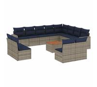 HETFTJN Ensemble de canapé de jardin 13 pièces en polyrotin gris avec table en bois d'acacia de 55 x 55 cm, coussins bleu marine, modulaire résistant aux intempéries, pour petits balcons, terrasse et