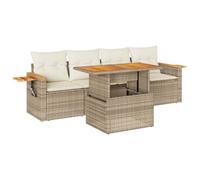 HETFTJN Ensemble de canapé de jardin 5 pièces avec table d'appoint beige en polyrotin acacia 100 x 55 cm résistant aux intempéries salon modulaire pour balcon, terrasse et petits espaces extérieurs