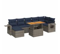 HETFTJN Ensemble de canapé de jardin 8 pièces en polyrotin gris à hauteur réglable - Table en bois d'acacia 100 x 55 cm - Coussins bleu marine - Ensemble salon résistant aux intempéries - Peu