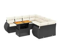 HETFTJN Ensemble de canapé de jardin à 9 pièces - En polyrotin noir - Avec table en bois d'acacia réglable en hauteur - 100 x 55 cm - Coussins crème - Résistant aux intempéries - Modulaire pour petits
