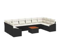 HETFTJN Ensemble de Canapé de Jardin Modulaire 11 Pièces en Résine Tressée Noir et Bois d'Acacia, Grand Salon de Jardin 10 Places avec Table Basse et Coussins pour Terrasse