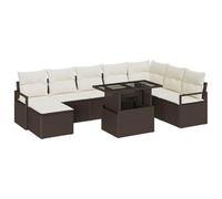 HETFTJN Ensemble de Canapé de Jardin Modulaire 9 Pièces, Salon en Résine Tressée avec Table, Pouf et Coussins Amovibles, Mobilier pour Terrasse et Patio, Marron et Crème