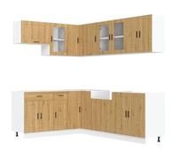 HETFTJN Ensemble de Meubles de Cuisine 11 Pièces Porto, Cuisine Complète avec Armoires Murales et Bas en Bois d'Ingénierie et Verre, Rangement Spacieux, Coloris Chêne Artisanal