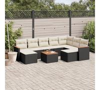 HETFTJN Ensemble de meubles de jardin 10 pièces - En polyrotin - Noir - 62 x 62 x 69 cm - Modulable - Avec table en bois d'acacia et coussins - Pour balcon, terrasse et petit jardin
