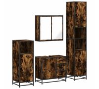 HETFTJN Ensemble de Meubles de Salle de Bain 4 Pièces, Style Industriel en Bois d'Ingénierie et Métal, Chêne Fumé, avec Armoire à Miroir, Meuble-Vasque et Deux Colonnes