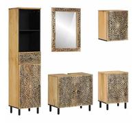 HETFTJN Ensemble de Meubles de Salle de Bain 5 Pièces en Bois de Manguier Massif Sculpté à la Main, Set avec Meuble sous Vasque, Armoire Haute, Meuble Bas, Armoire Murale et Miroir