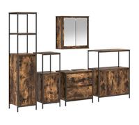 HETFTJN Ensemble de Meubles de Salle de Bain 5 Pièces, Mobilier de Rangement en Bois d'Ingénierie avec Miroir Plan, Meuble sous-Lavabo, Armoire Haute et Placards, Marron