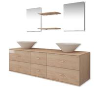 HETFTJN Ensemble de Meubles de Salle de Bain 7 Pièces avec Double Vasque en Céramique Blanche, Armoire Suspendue Beige 150 cm, 2 Miroirs et 2 Étagères Murales de Rangement