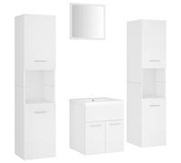 HETFTJN Ensemble de Meubles de Salle de Bain Blanc 5 Pièces, Armoire sous Lavabo en Céramique, 2 Armoires Hautes de Rangement et Miroir en Aggloméré, Design Contemporain pour Toilette
