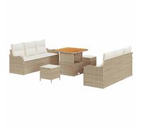 HETFTJN Ensemble de Salon de Jardin Modulable en Résine Tressée 9 Pièces, Canapé d'Extérieur avec Table en Bois d'Acacia et Poufs, Set de Terrasse avec Coussin, Beige et Crème
